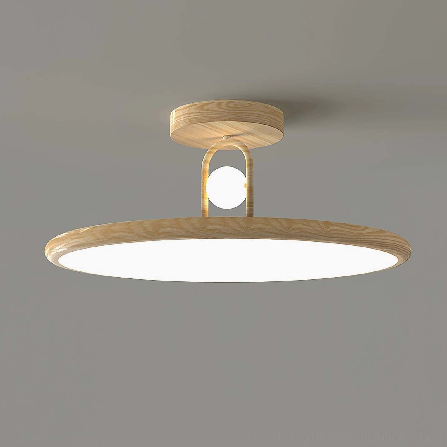 Light wood Envostar ceiling lamp overhead installation detail showing acrylic globe diffuser and warm LED light distribution