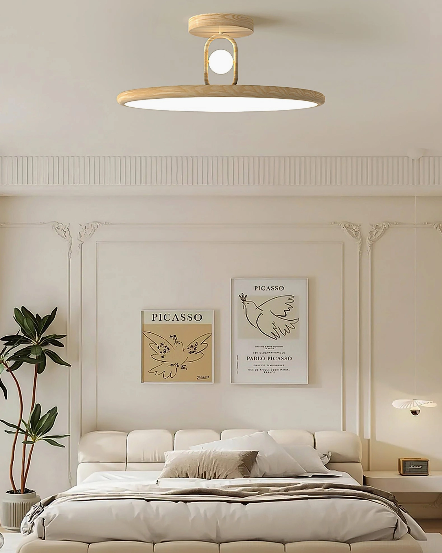 Light wood grain Envostar ceiling lamp in French cream style bedroom creating soft minimalist ambiance