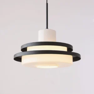 Black and white contemporary pendant lamp overhead view, sculptural minimalist lighting fixture