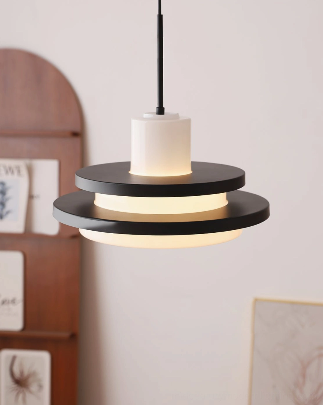 Multi-color layered pendant lamp in home interior with wooden shelf, retro-minimalist hanging light