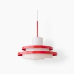 Red and white layered modern pendant lamp with geometric disc design, minimalist Scandinavian style