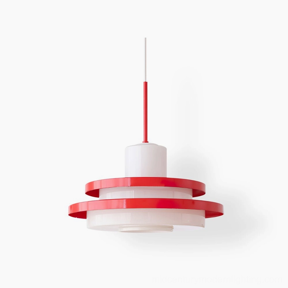 Red and white layered modern pendant lamp with geometric disc design, minimalist Scandinavian style