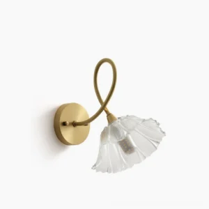Ercole brass floral wall sconce with twisted arm and fluted glass shade, front studio view