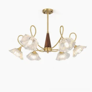 Ercole mid-century modern glass chandelier with brass and walnut accents - overhead front view on white background