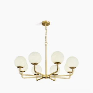Erich brass and white alabaster globe chandelier front view with six curved arms and frosted glass shades on white background