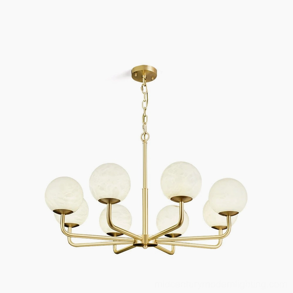 Erich brass and white alabaster globe chandelier front view with six curved arms and frosted glass shades on white background