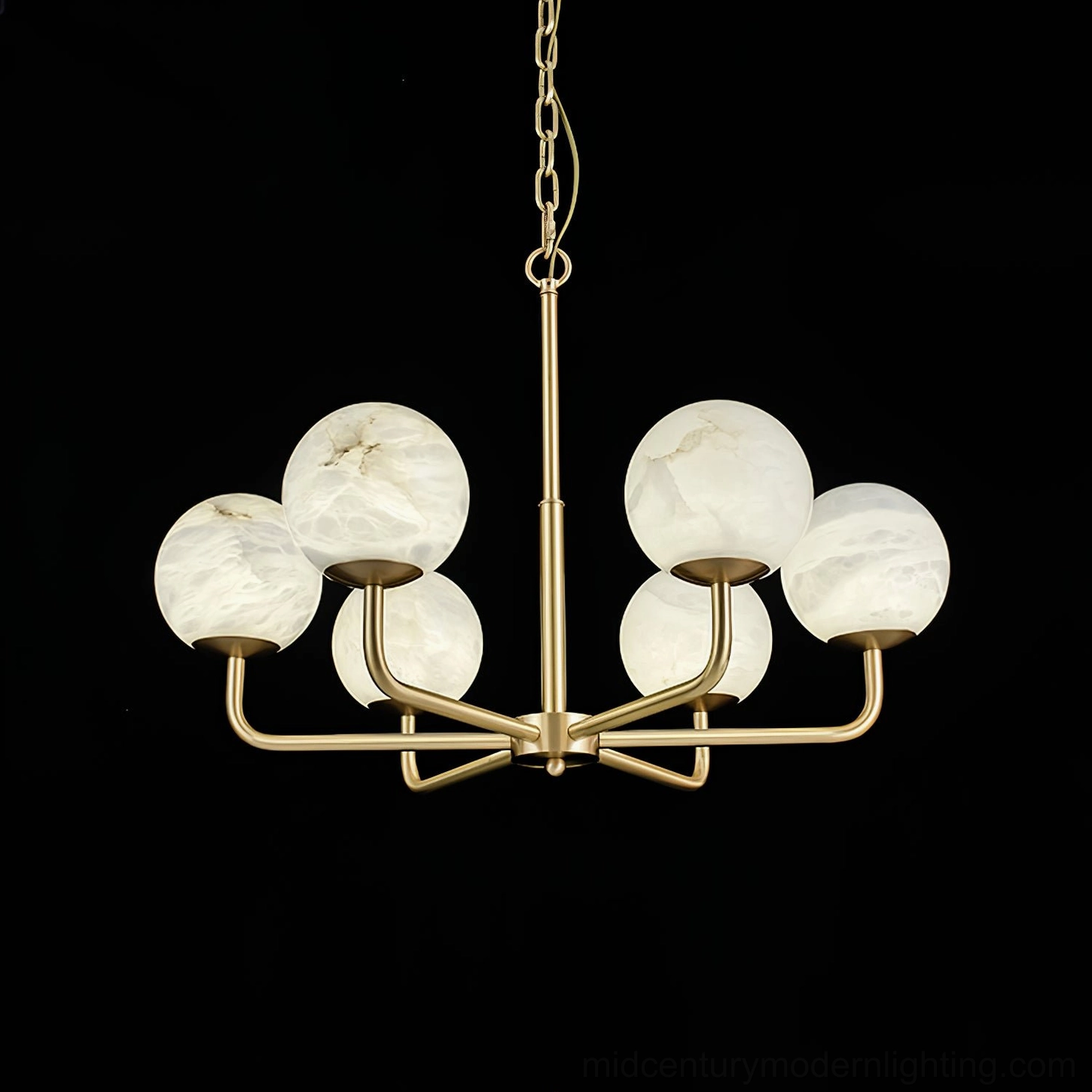 Detailed view of Erich chandelier showing quality of alabaster glass finish and brass metal craftsmanship