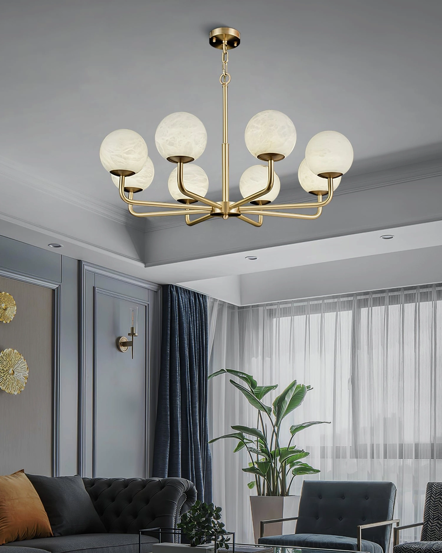 Erich chandelier in contemporary minimalist room demonstrating refined sculptural presence and lighting performance