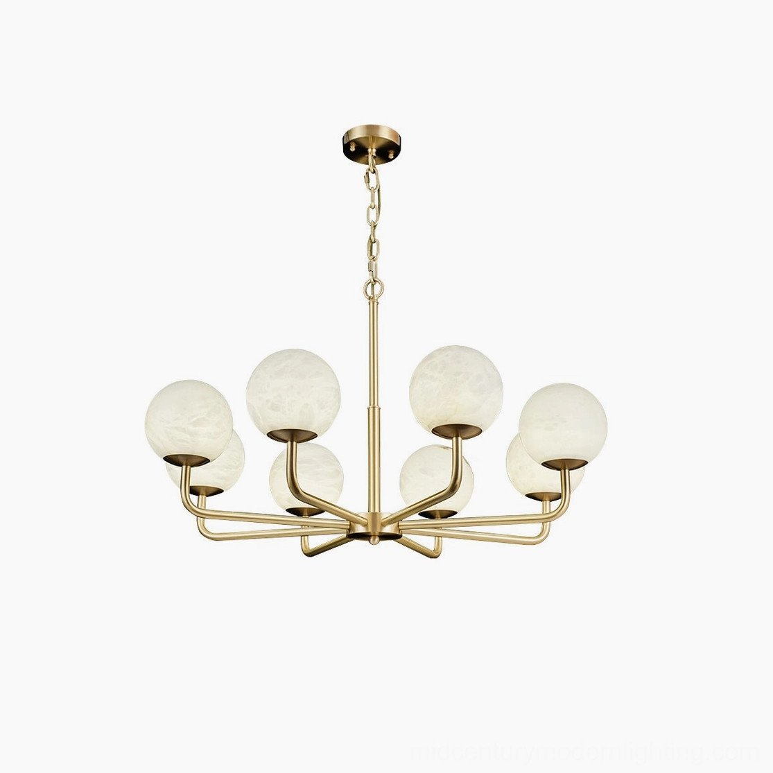 Erich brass globe chandelier alternative angle view showing shade diameter options and arm geometry