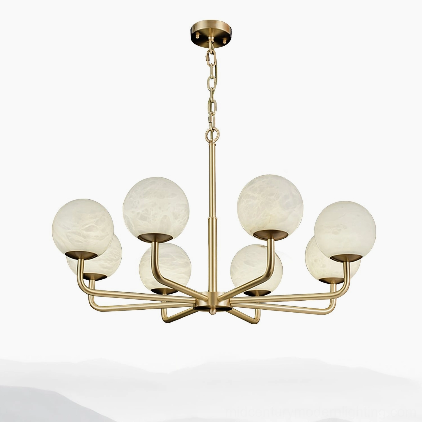 Erich brass globe chandelier with sleek spoked design on minimalist studio background showing architectural details