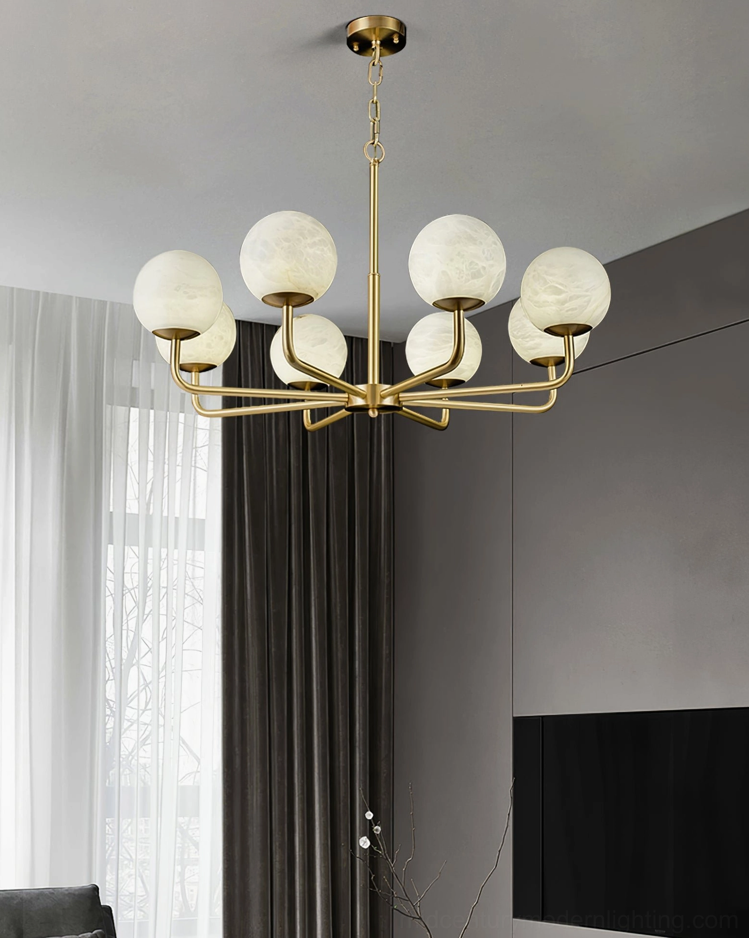 Erich eight head brass and alabaster chandelier complete overhead view showing full luminous sphere arrangement
