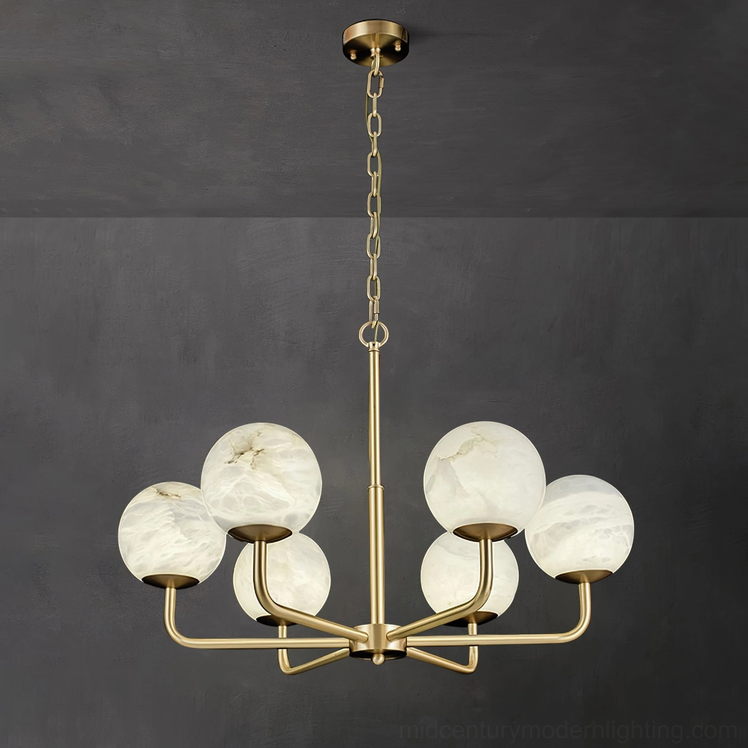 Erich mid-century modern chandelier showing timeless design aesthetic with brass and white alabaster materials