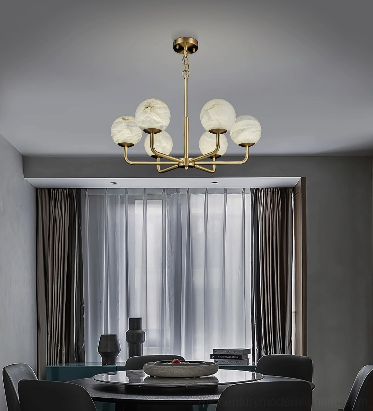 Erich six head brass and alabaster chandelier full view showing graceful arm geometry and light distribution
