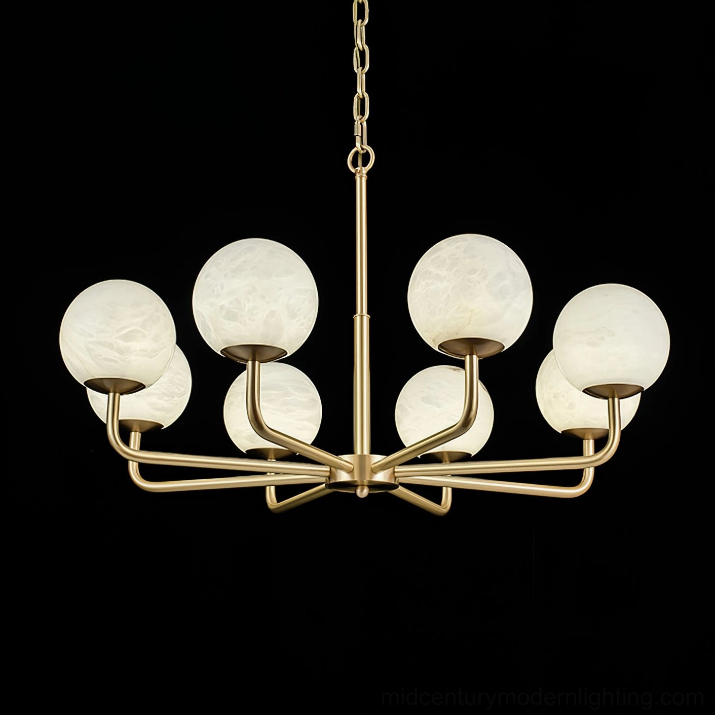 Erich mid-century modern chandelier six head model suspended overhead in gallery-style lighting display