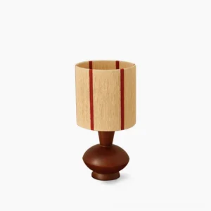 Ernest mid-century modern table lamp front view with striped beige and red linen shade on white background
