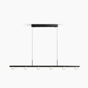 Esfera Linear LED chandelier front studio view black matte metal frame with frosted acrylic shades minimalist geometric design