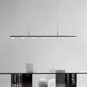 Modern geometric linear chandelier eye level perspective in contemporary home office with seven pendant lights