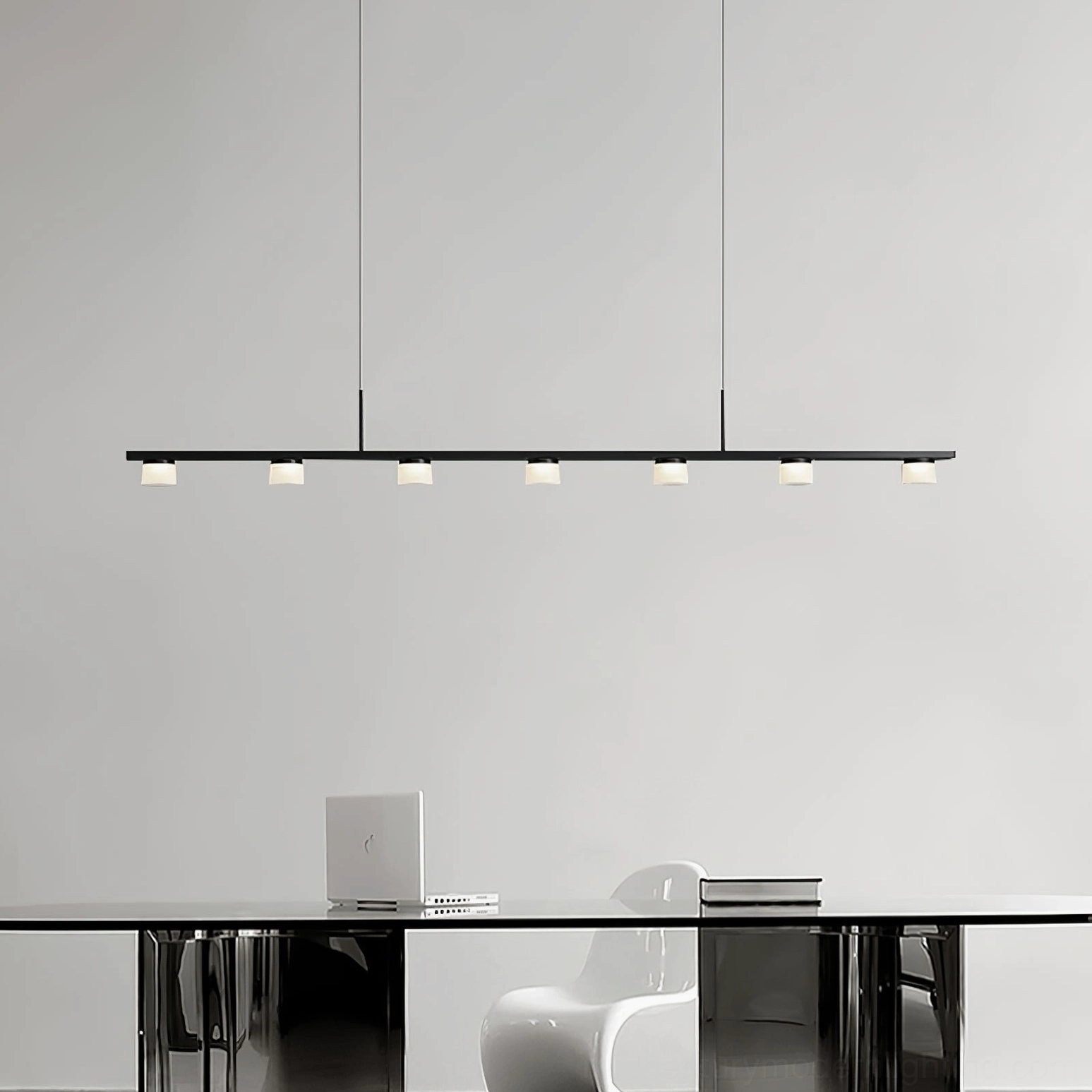 Modern geometric linear chandelier eye level perspective in contemporary home office with seven pendant lights