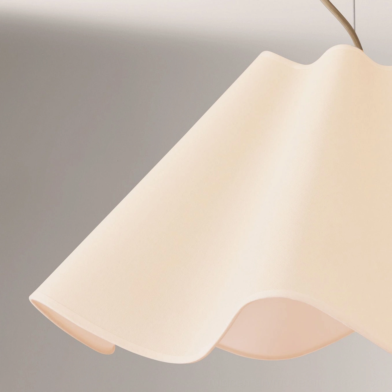 Close-up of warm beige Ethereal Pendant Lamp shade fabric, side view emphasizing light-transmissive material and soft luminescence