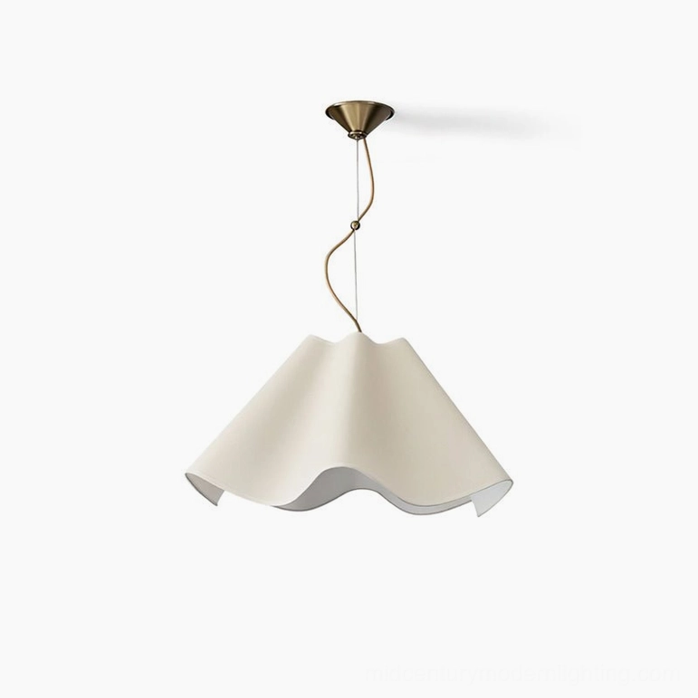 Ethereal Pendant Light fixture highlighting soft fabric shade and metallic suspension hardware details against neutral background