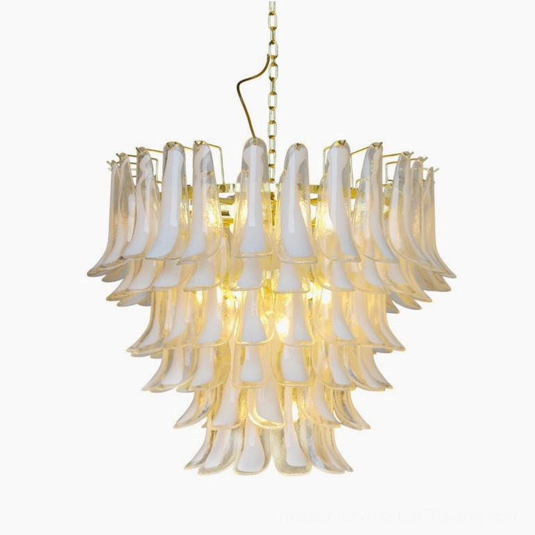 Ethereal Petal Glass Chandelier 31.5 inch diameter mid-century modern lighting fixture with hand-blown white cloud and gold finish