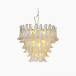 Ethereal Petal Chandelier frontal studio view with mixed clear and frosted white glass petals in mid-century modern style with gold frame