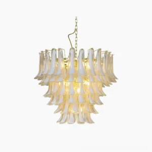 Ethereal Petal Chandelier frontal studio view with mixed clear and frosted white glass petals in mid-century modern style with gold frame