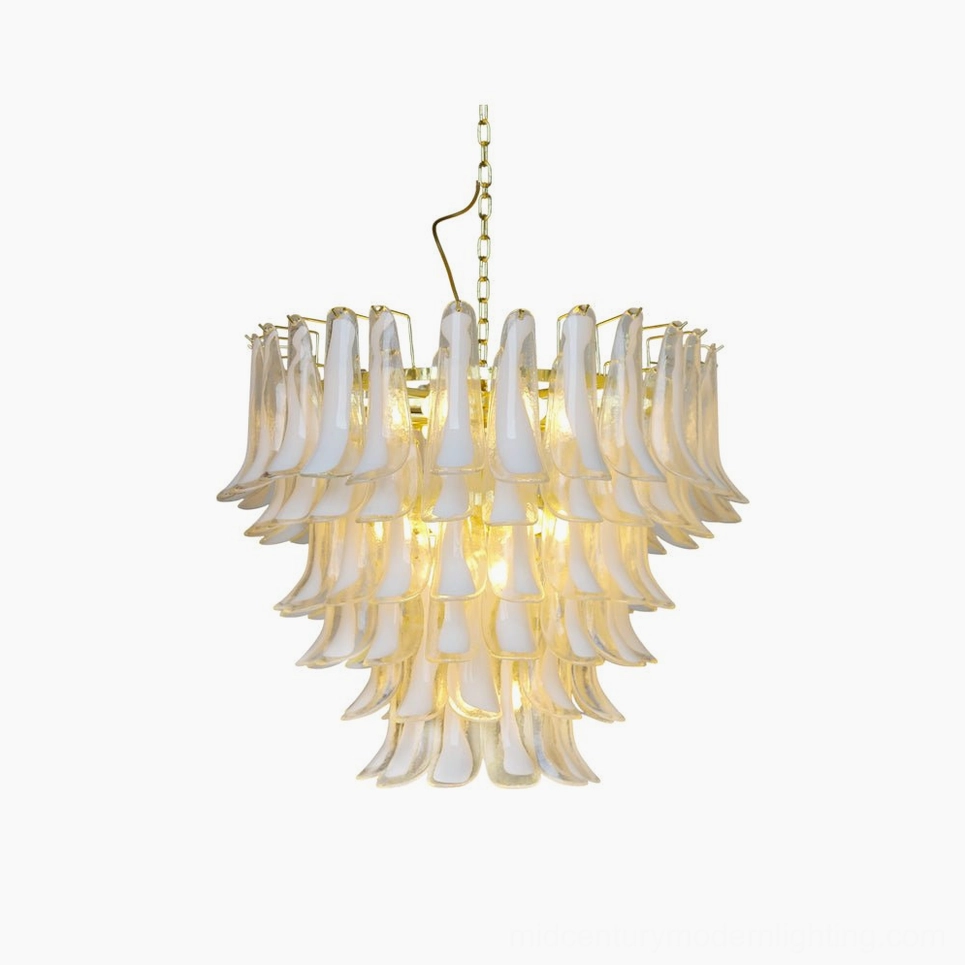Ethereal Petal Chandelier frontal studio view with mixed clear and frosted white glass petals in mid-century modern style with gold frame