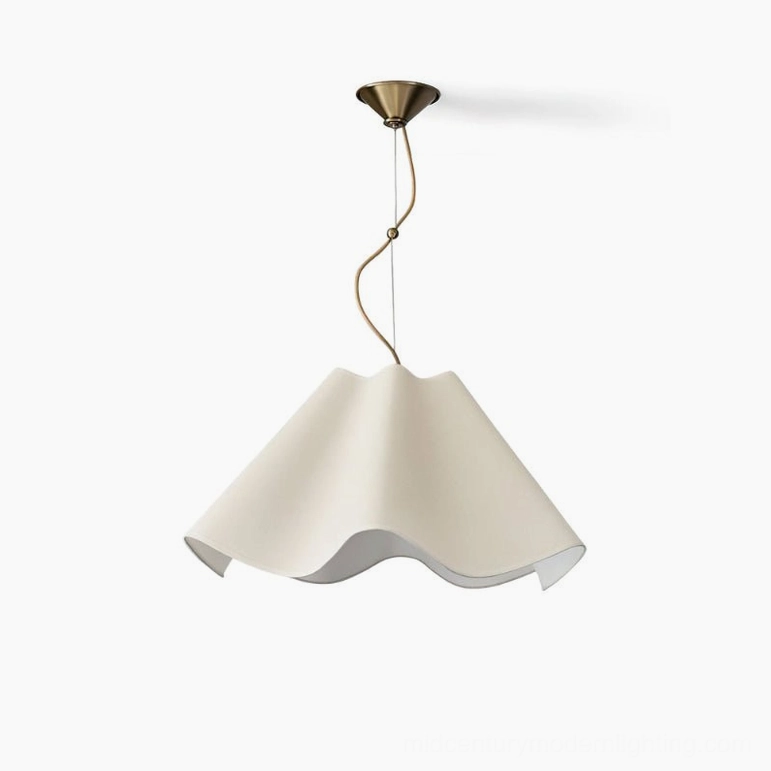 Ethereal Wavy Fabric Pendant Light minimalist design front oblique view, white studio background showcasing mid-century modern aesthetic
