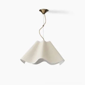 Ethereal Wavy Fabric Pendant Light with matte brass hardware in minimalist white studio setting, front oblique view showcasing organic undulating shade design