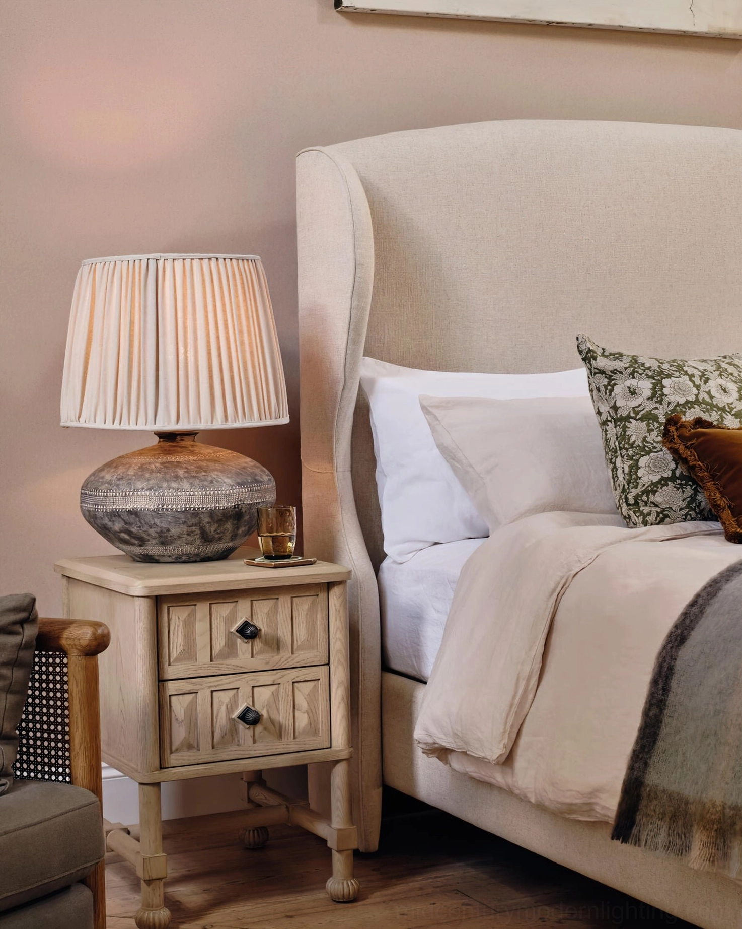 Etta ceramic table lamp styled on master bedroom nightstand in bohemian vintage home decor interior