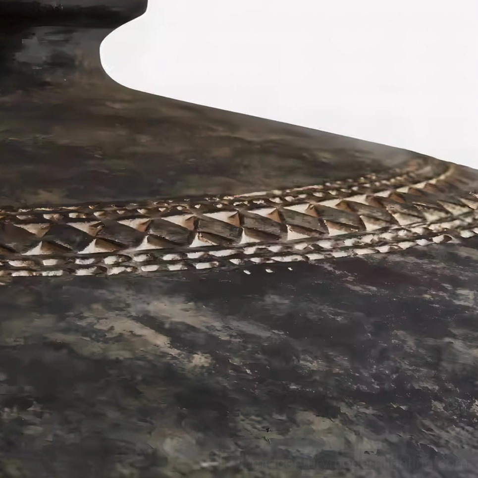 Angled close-up of Etta lamp base revealing carved geometric decorative bands and marbled weathered ceramic texture