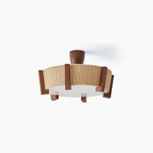 Euluna warm wood and linen semi-flush ceiling light, front view studio shot showing walnut frame and beige woven fabric drum shade