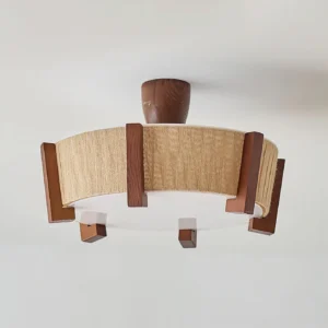 Close-up detail of Euluna ceiling light showing exposed wooden support frame structure and premium linen fabric texture