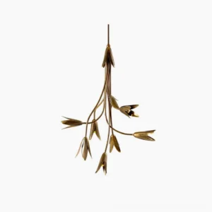 Evadne brass tulip chandelier overhead front view with floral branch design on white background