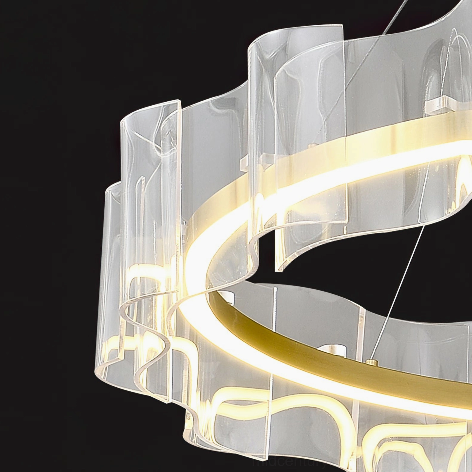 Side view close-up of Evette LED pendant showing dual warm light strips inside acrylic