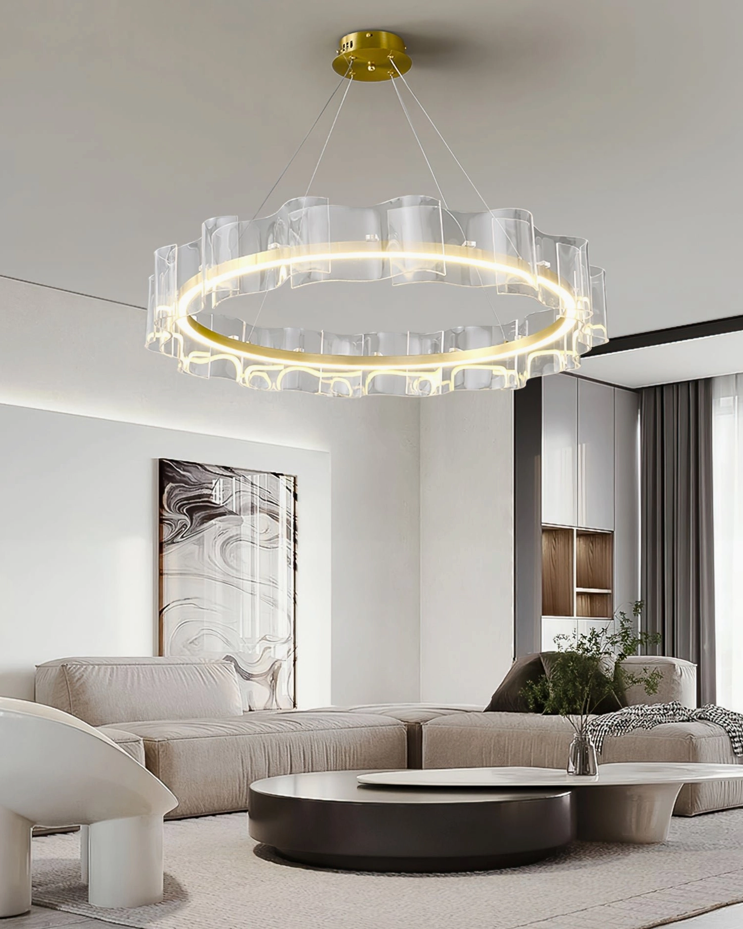 Evette Modern LED Pendant Light from below showing sculptural wavy acrylic form and glow