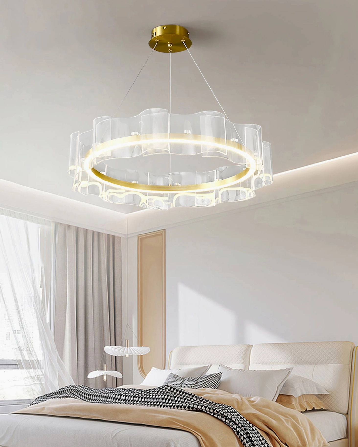 Evette Wave Acrylic Pendant Light positioned in warm minimalist bedroom with cozy ambiance