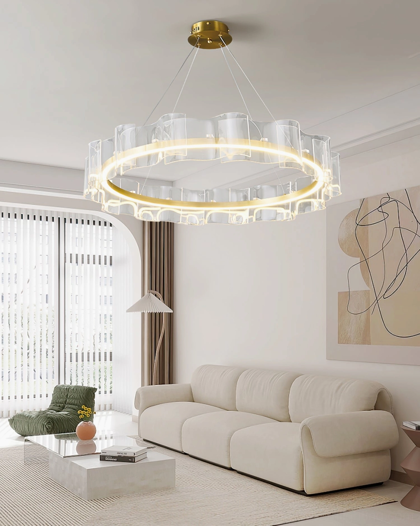 Evette Wave LED Chandelier installed in modern minimalist light luxury living room