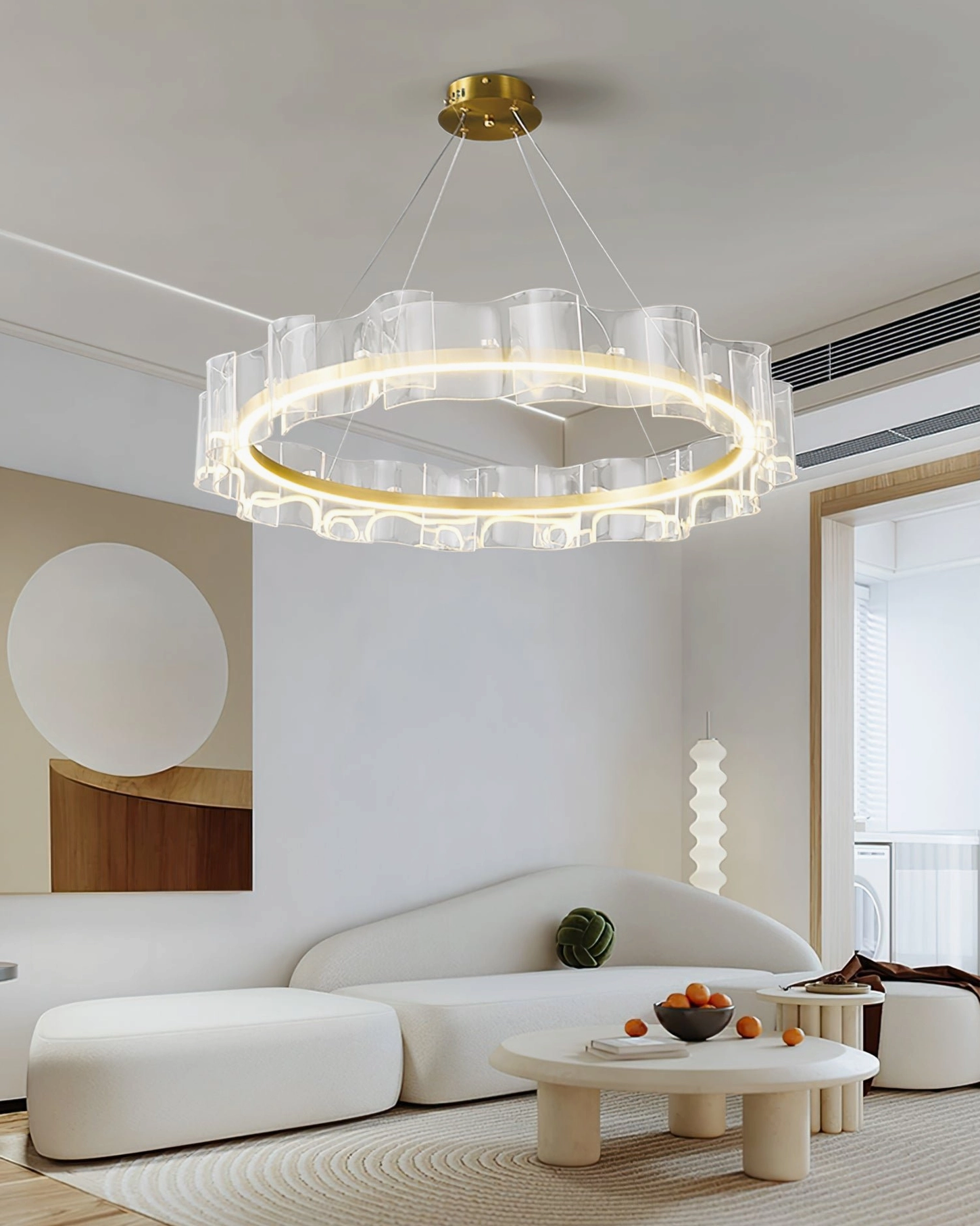 Evette Wave Acrylic LED Chandelier showcase in light luxury contemporary home setting