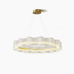 Evette Wave Acrylic LED Chandelier front view with gold brass hardware on white background
