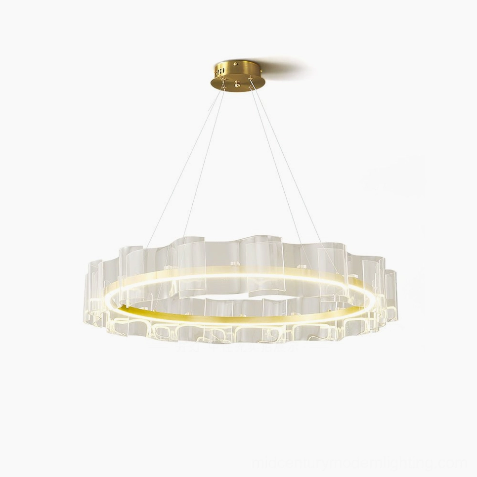 Evette Wave Acrylic LED Chandelier front view with gold brass hardware on white background