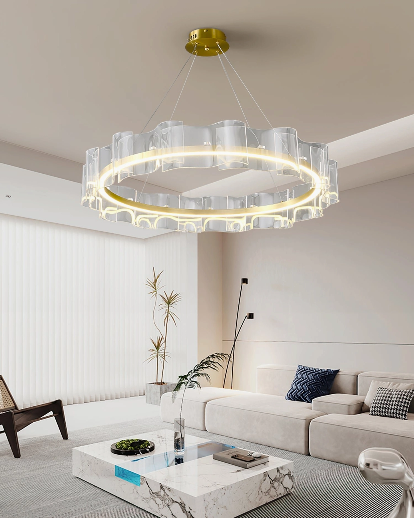 Evette LED Pendant Light overhead view in neutral minimalist living room setting