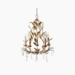 Gold-toned Evie Crystal Chandelier with hand-sculpted golden leaves and clear crystal droplets, frontal studio view