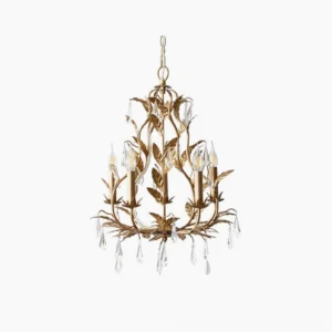 Gold-toned Evie Crystal Chandelier with hand-sculpted golden leaves and clear crystal droplets, frontal studio view