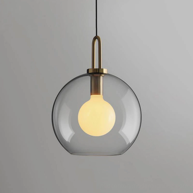 Extra large clear glass spherical smoked pendant fixture in contemporary minimalist interior design