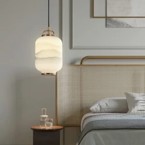 Ezio Mini Pendant Lamp with mountain pattern glass shade and satin brass finish