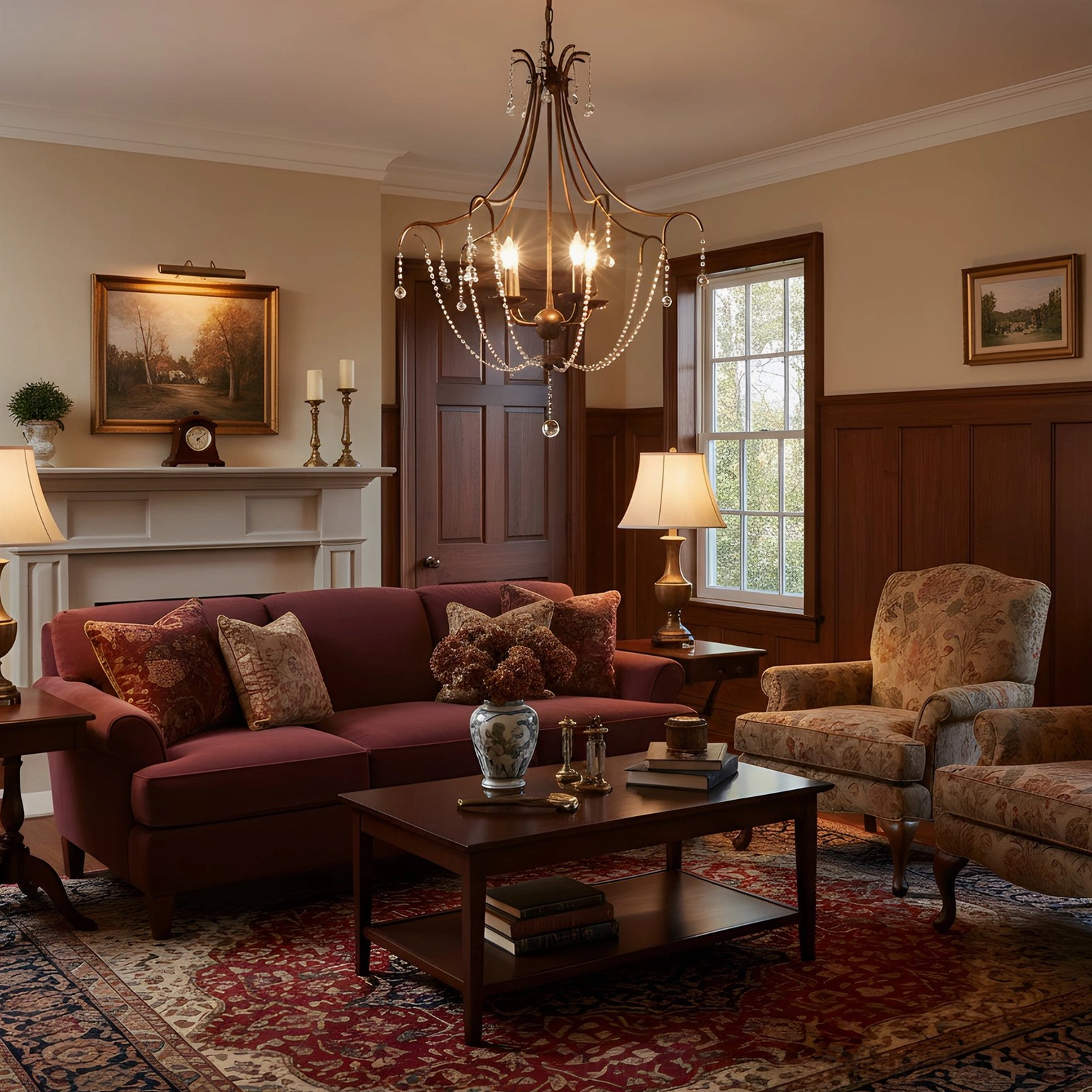 Fabio crystal chandelier warm burgundy living room with wood wainscoting traditional style