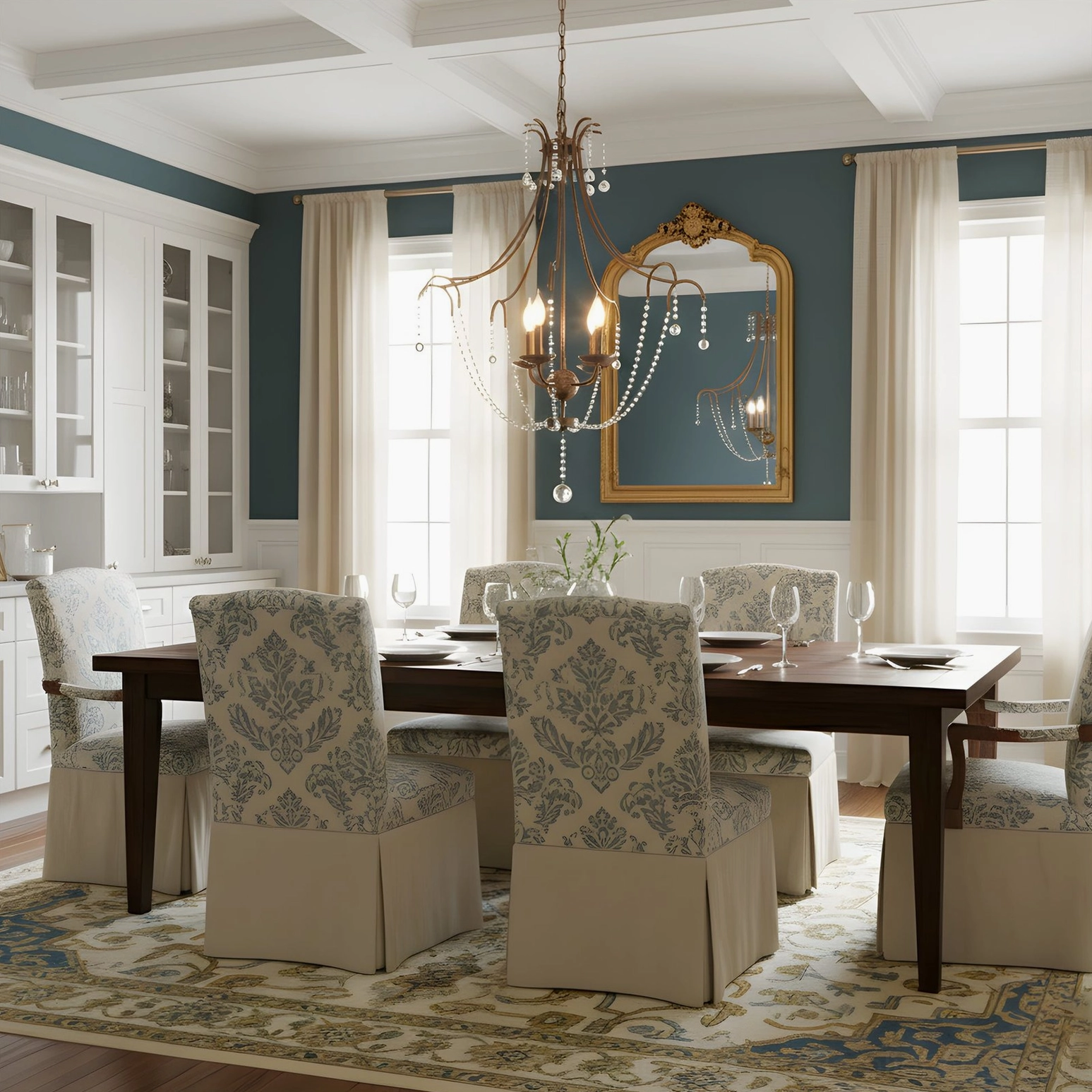 Fabio crystal chandelier in formal dining room with blue accent walls and upholstered chairs