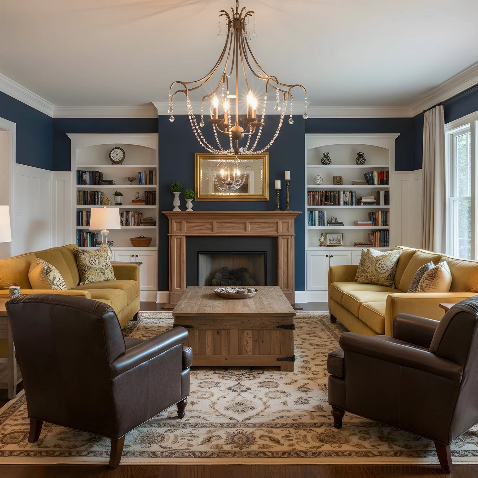 Fabio crystal chandelier above fireplace in classic living room with wood bookshelves